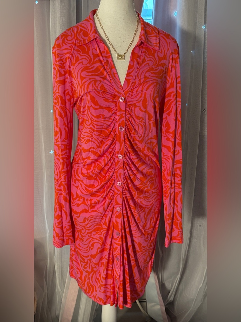 Vibrant Pink & Orange Ruched Button-Front Women's Dress. NWT Size L